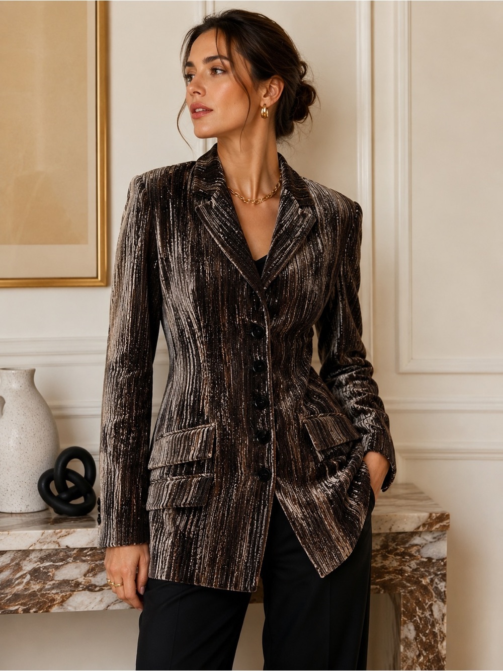 BYE Made in France Textured Velvet Longline Blazer Brown Black T4 Large
